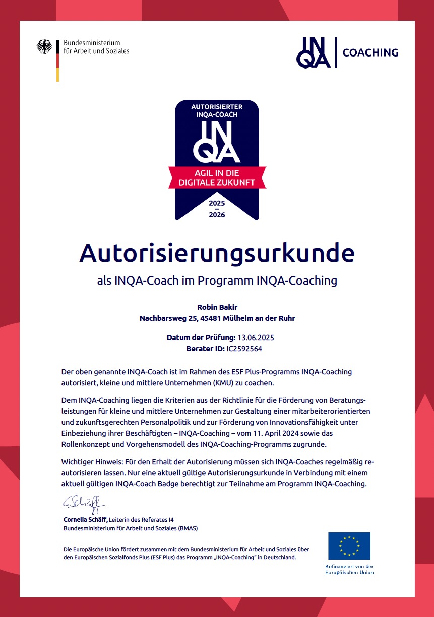 INQA-Coach Autorisierungsurkunde 2025-2026 vom Bundesministerium für Arbeit und Soziales - Robin Bakir